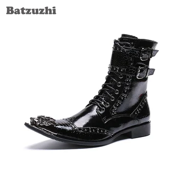 Batzuzhi/ Черни Кожени Мъжки Ботильоны, Обувки Ръчна изработка, мъжки Мотоциклетни ботуши с остър железен пръсти; мъжки военни обувки zapatos de hombre