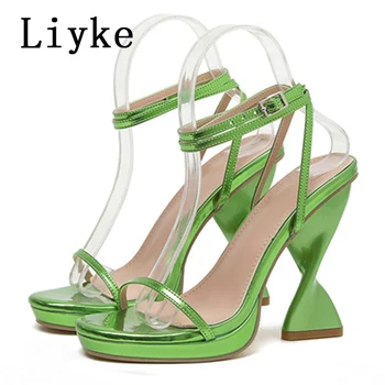 Liyke/2023, Ново Постъпването на лятото, Модни дамски Сандали в зелен и Златен цвят с Тясна Лента На Високи Токчета, Дамски обувки-гладиатор, модел вечерни обувки-лодка