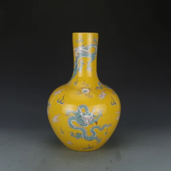 Антични порцеланова ваза QingDynaty, Жълта Глазура, бутилка с Дракон зелен цвят, боядисване, Декорации за дома и Колекции