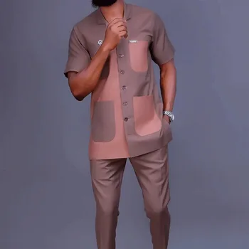 Африкански Костюм M-4XL, Африканска Облекло за Мъже, Лятна Мода, Африкански Мъжки Комплекти от Полиестер с Къс ръкав, Отгоре и Дълги панталони