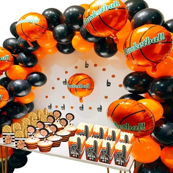 баскетбол 18 инча балон от фолио арка 12 см Черно/оранжеви/латексови балони гелиевые декорации за детската душа направи си сам декорация за рожден ден