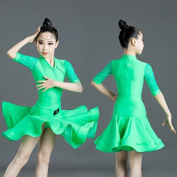 Зелени Детска Рокля за латино танци, поли, за да изяви за момичета, Детски танцови, Детски етап костюми