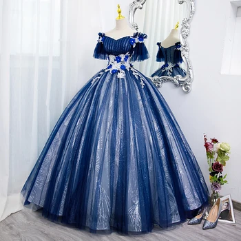 кралско синьо цвете бродерия на маскарадните cosplay дълга рокля средновековна рокля Възраждането Рокля костюм принцеса Викторианската епоха/ Marie