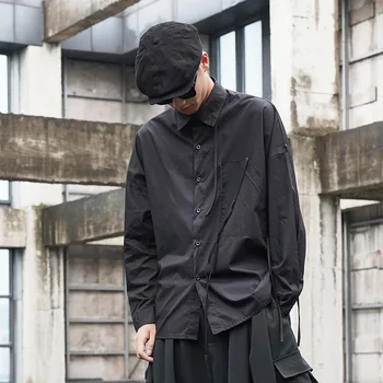 Мъжки Ежедневни Страхотна Нова Тъмна Японската Модна Тенденция С Серпантином, Свободна Риза С Дълъг Ръкав