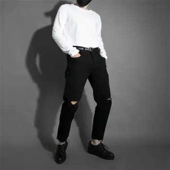 Мъжки пролет-есен нова тъмно-черна корейската версия slim broken hole beggar вълнени панталони, дънки девет ежедневните дънки