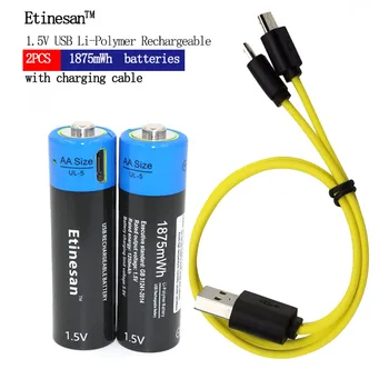 Нова технология! 2 елемента Etinesan 1,5 AA 1250 mah Литиево-полимерна Li-po акумулаторна литиево-йонна батерия с USB-кабел