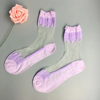 Тънки Копринени Чорапи С Бродерия, Прозрачно Стъкло Кристални Еластични Дамски Чорапи