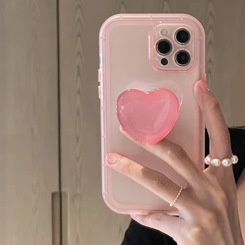Японски Корейски Желеобразный Розово Притежателя Влакчета Love Heart Прозрачен Мек Калъф За iPhone X XR XS 11 12 13 14 Pro Max Защитно Делото